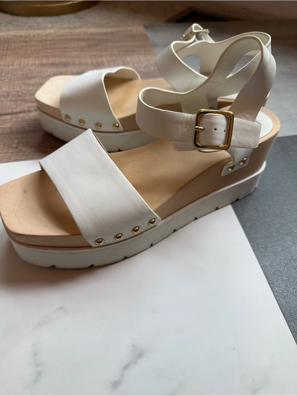 Steve Madden White Platform Sandals with Gold Studs